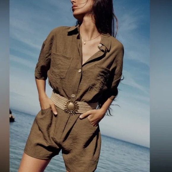 Zara Pants - NWT Zara Olive Green Shirt Style Short Jumpsuit